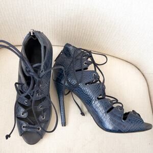 Schutz High Heels Sz 7 Blue Crocodile Sailfish Lace Up Pumps Party Stiletto